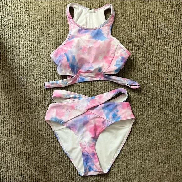 Tempt Me High Neck Criss Cross Tie Dye Bikini Swimsuit NWOT - Picture 3 of 9